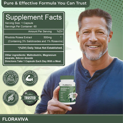 Rhodiola Rosea Capsules - Floravida for Energy, Focus, Mood - 60 Capsules.1