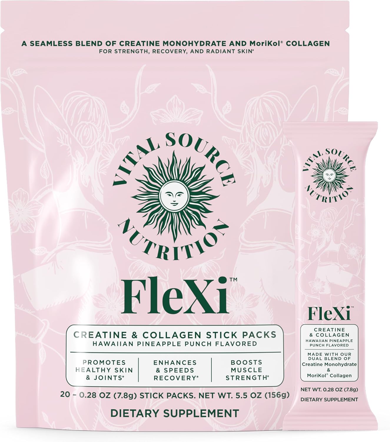 Vital Source Nutrition - Flexi - Creatine & Collagen Stick Packs - 5g Creatine Monohydrate + 1g MoriKol Collagen -Supports Strength, Recovery & Skin Health -20 Servings