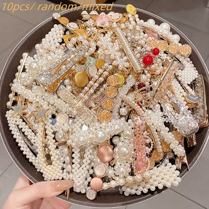 Korean Fashion Pearl Hair Clips Set | 10PCS Solid Color Bow Tie Barrettes with Non-Slip Duckbill Grips for Women
